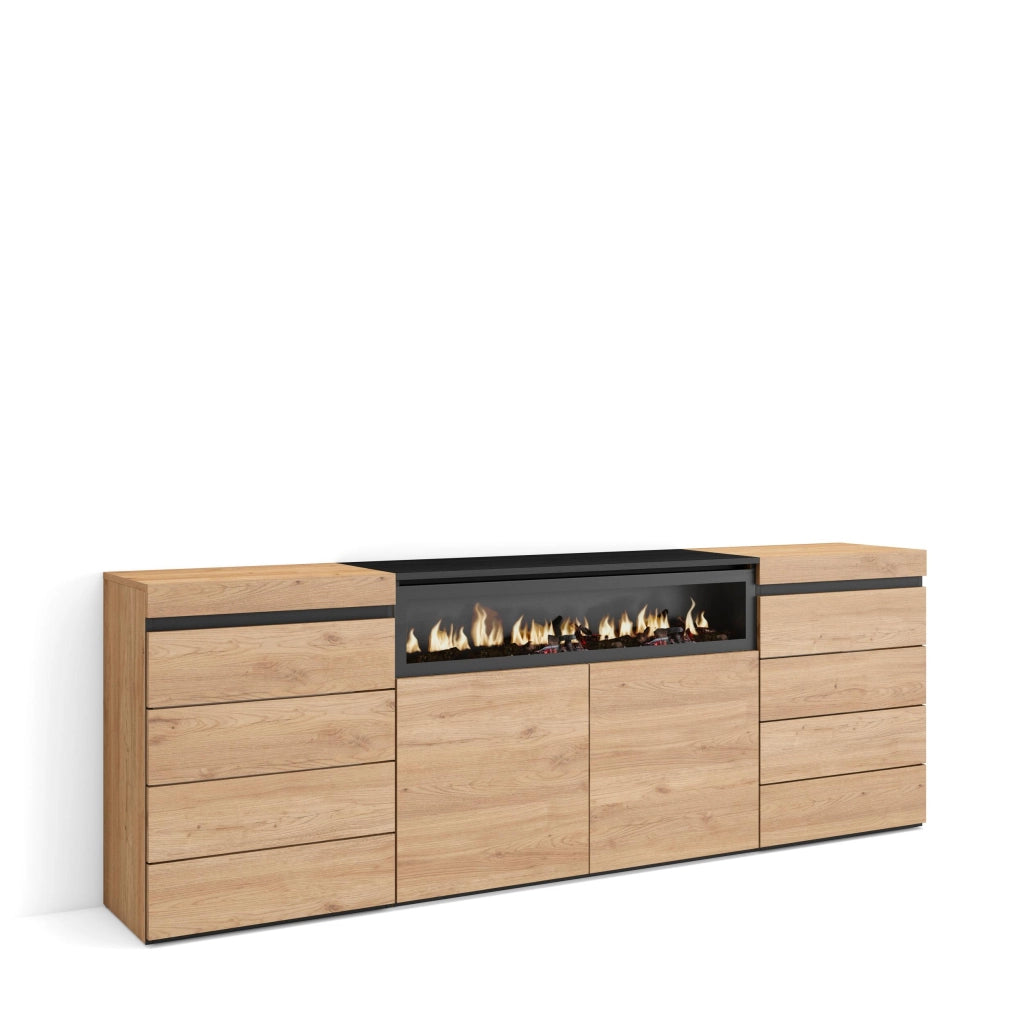 Cassettiera, 214x35x75cm, Camera da letto, Camino elettrico, colore Rovere RF3437