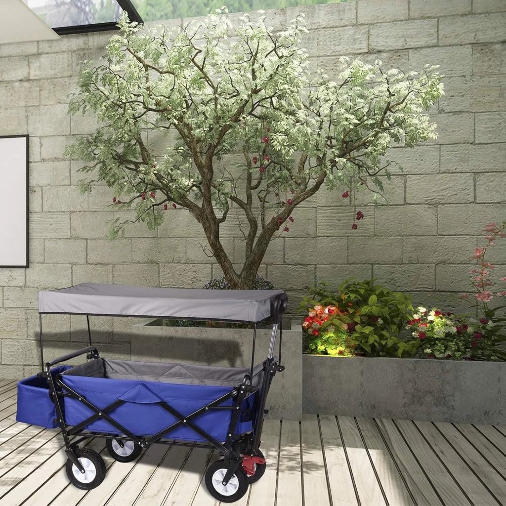 Carrello da Giardino Pieghevole con Tetto Carrello da Trasporto a Mano Rimorchio con 4 Ruote Portata 80 kg, Blu