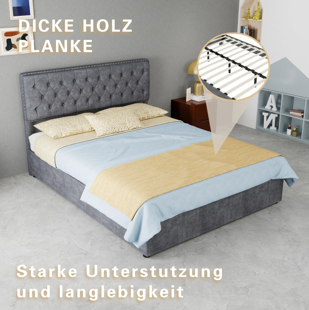 Letto 140x200 cm in velluto olandese grigio con testiera alta e doghe in legno