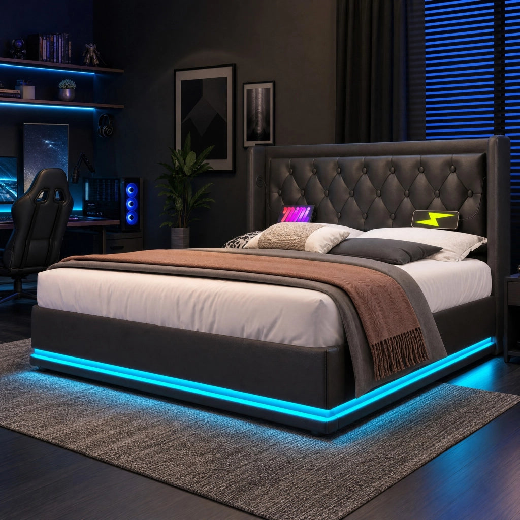 Letto matrimoniale 160x200 cm in PU nero con contenitore; testiera imbottita; LED e USB-C