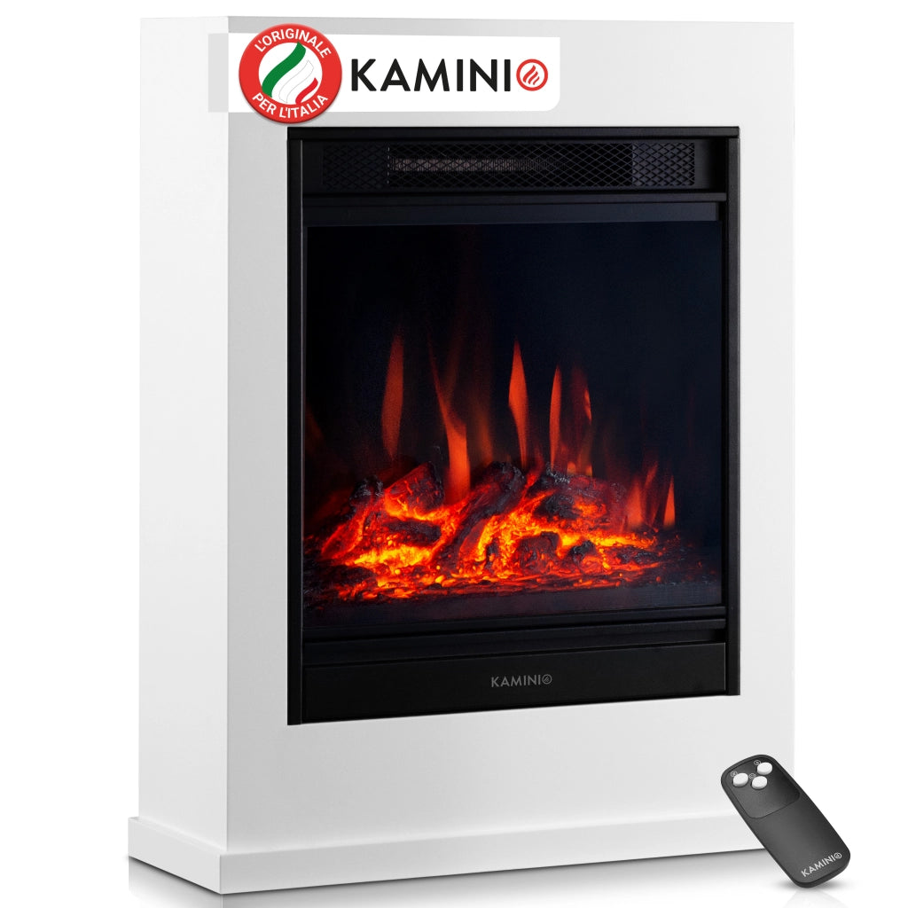 KAMINIO Camino elettrico KALLE - Caminetto elettrico a pavimento con riscaldamento, effetto fiamma 3D, telecomando - Bianco