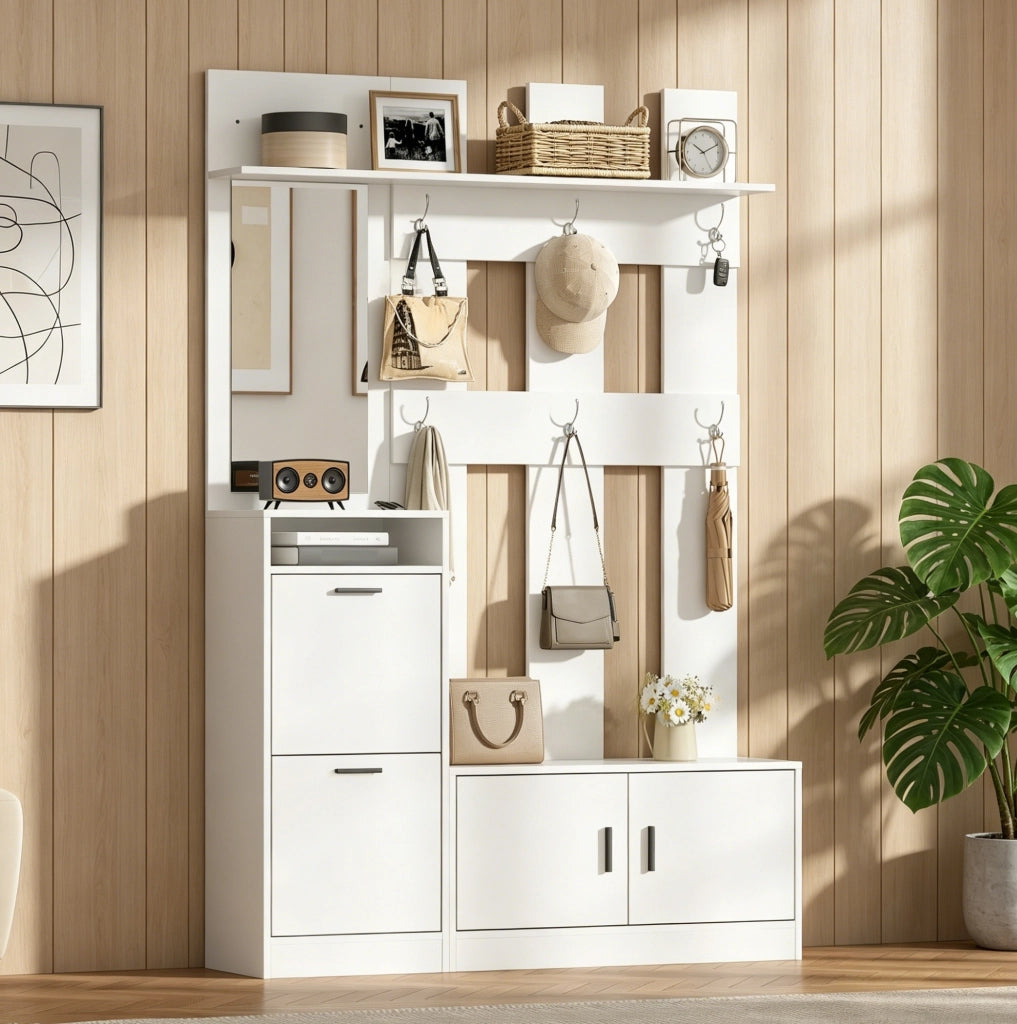 Mobile ingresso 120x30x180 cm con scarpiera; specchio e panca in MDF bianco HOMVRA