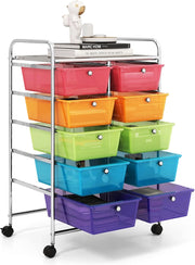 Carrello a 10 Cassetti con Ruote, di Stoccaggio con Stabilità Elevata, Multiuso per Casa Ufficio e Scuola, 65,5 x 37 x 87 cm(Arcobaleno)