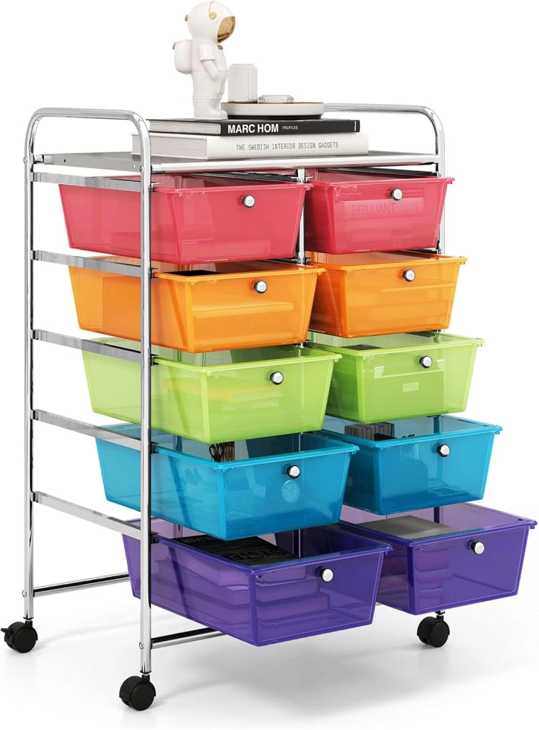 Carrello a 10 Cassetti con Ruote, di Stoccaggio con Stabilità Elevata, Multiuso per Casa Ufficio e Scuola, 65,5 x 37 x 87 cm(Arcobaleno)