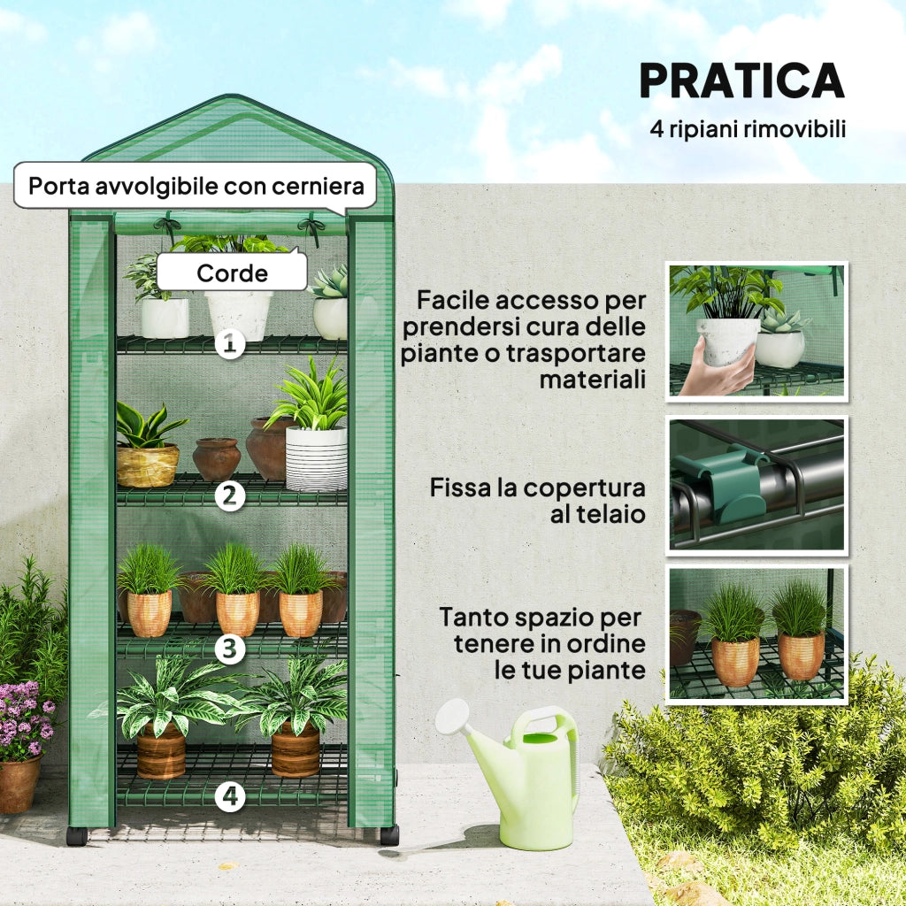 Serra da Balcone a 4 Livelli con 4 Rotelle e Ingresso Avvolgibile, in Acciaio e PE, 69x50x165 cm, Verde