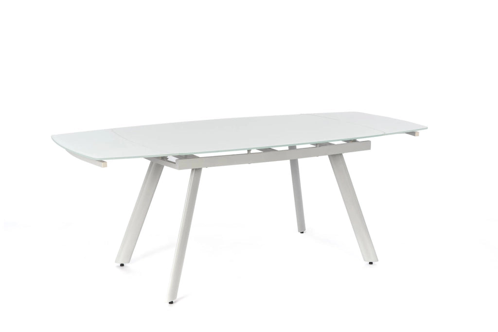 Tavolo allungabile Phil moderno con top in vetro temperato extra white e struttura in metallo grigio chiaro, 140/175/210 cm - Phil