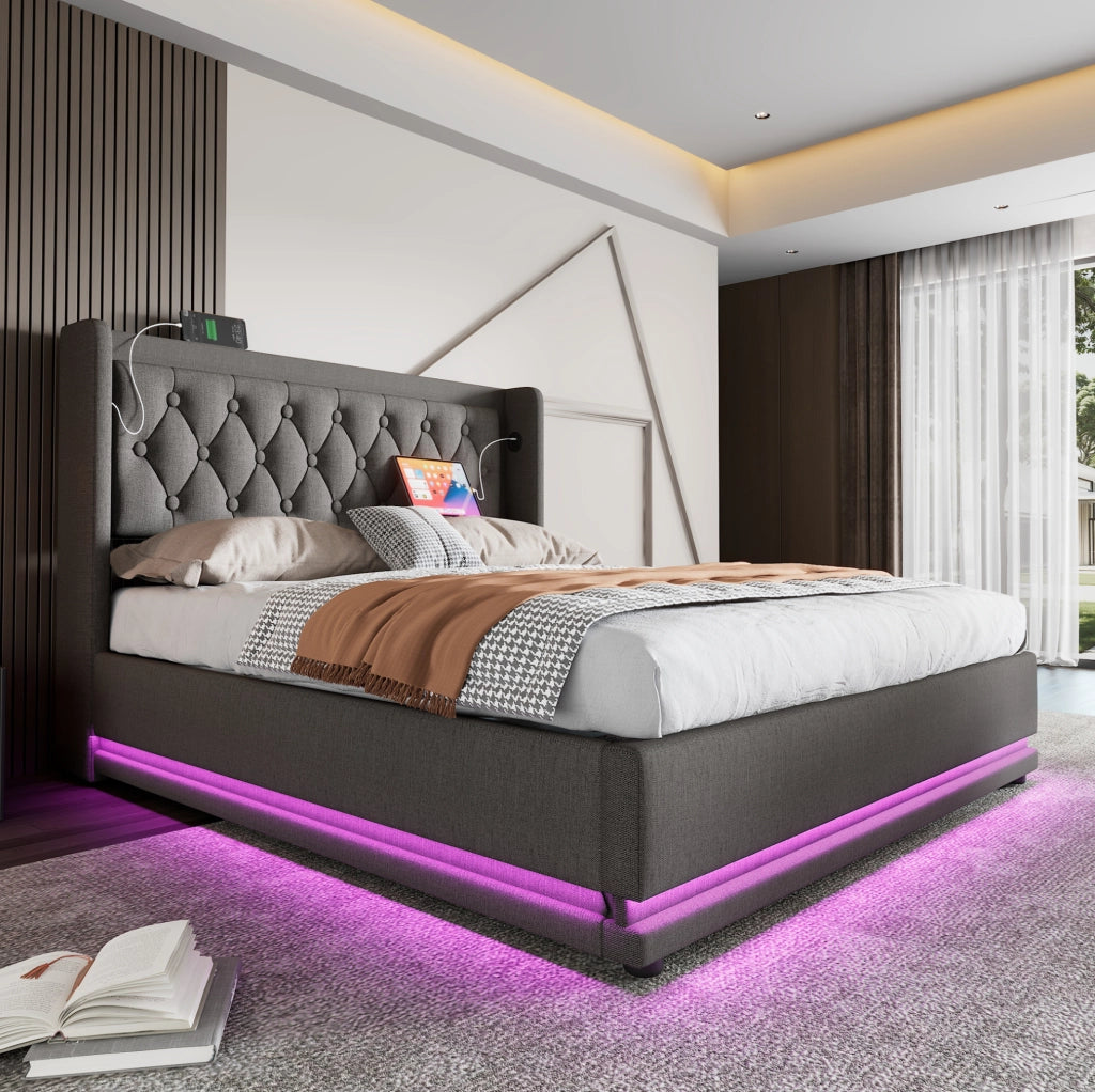 Letto contenitore 180x200 cm in cotone grigio con LED e USB,