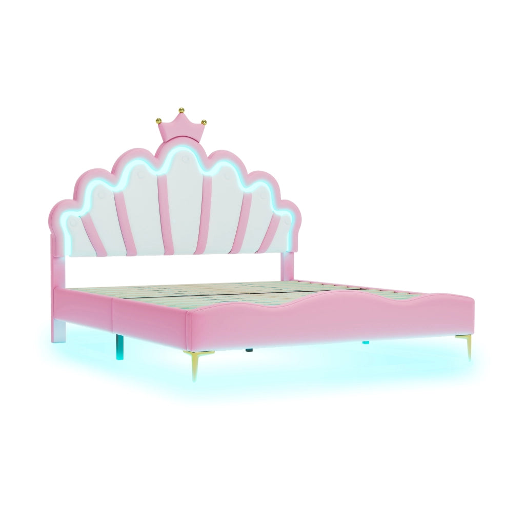 Letto Matrimoniale 140×200 cm con LED Regolabile e Testiera Regolabile; senza Materasso; PU; Rosa