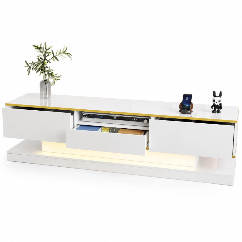 Mobile TV 180x38x45 cm; 3 cassetti con LED a colori e finitura lucida; truciolare bianco