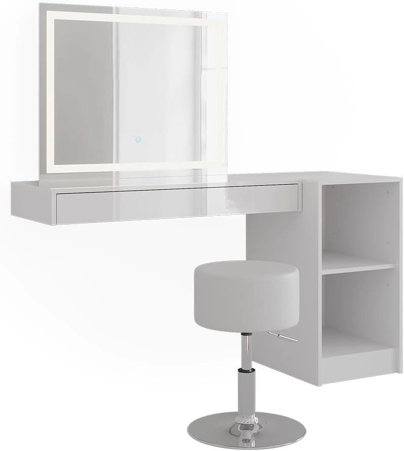 Tavolo da toeletta Sherry, Bianco, 100 cm 4 parti, con illuminazione LED e seduta imbottita per il montaggio