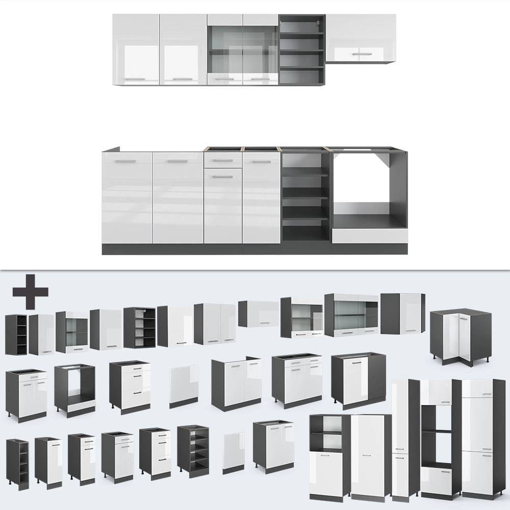 Cucina componibile R-Line Bianco lucido/Antracite 240 cm senza piano di lavoro Vicco