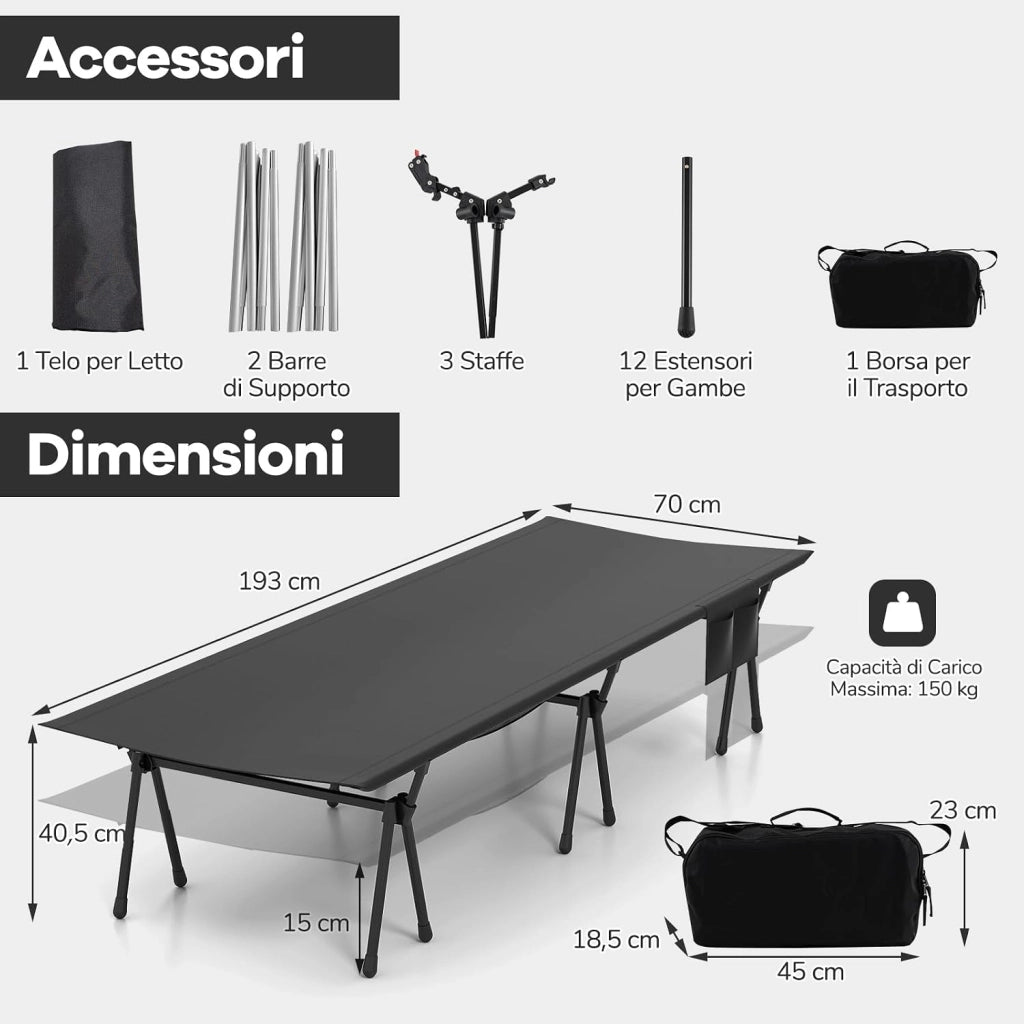 2-in-1 Brandina da Campeggio, Letto Pieghevole e Portatile con Estensori per Gambe, Tasca Laterale e Borsa da Trasporto, Lettino Regolabile in Altezza per Viaggio e Spiaggia, Portata 15 kg