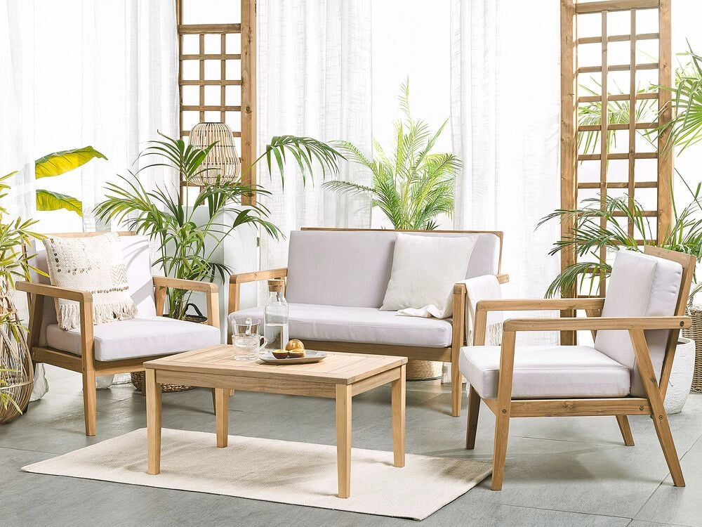 Set Conversazione da Giardino in Legno di Acacia Chiaro con Cuscini Taupe Divano con Poltrone e Tavolino
