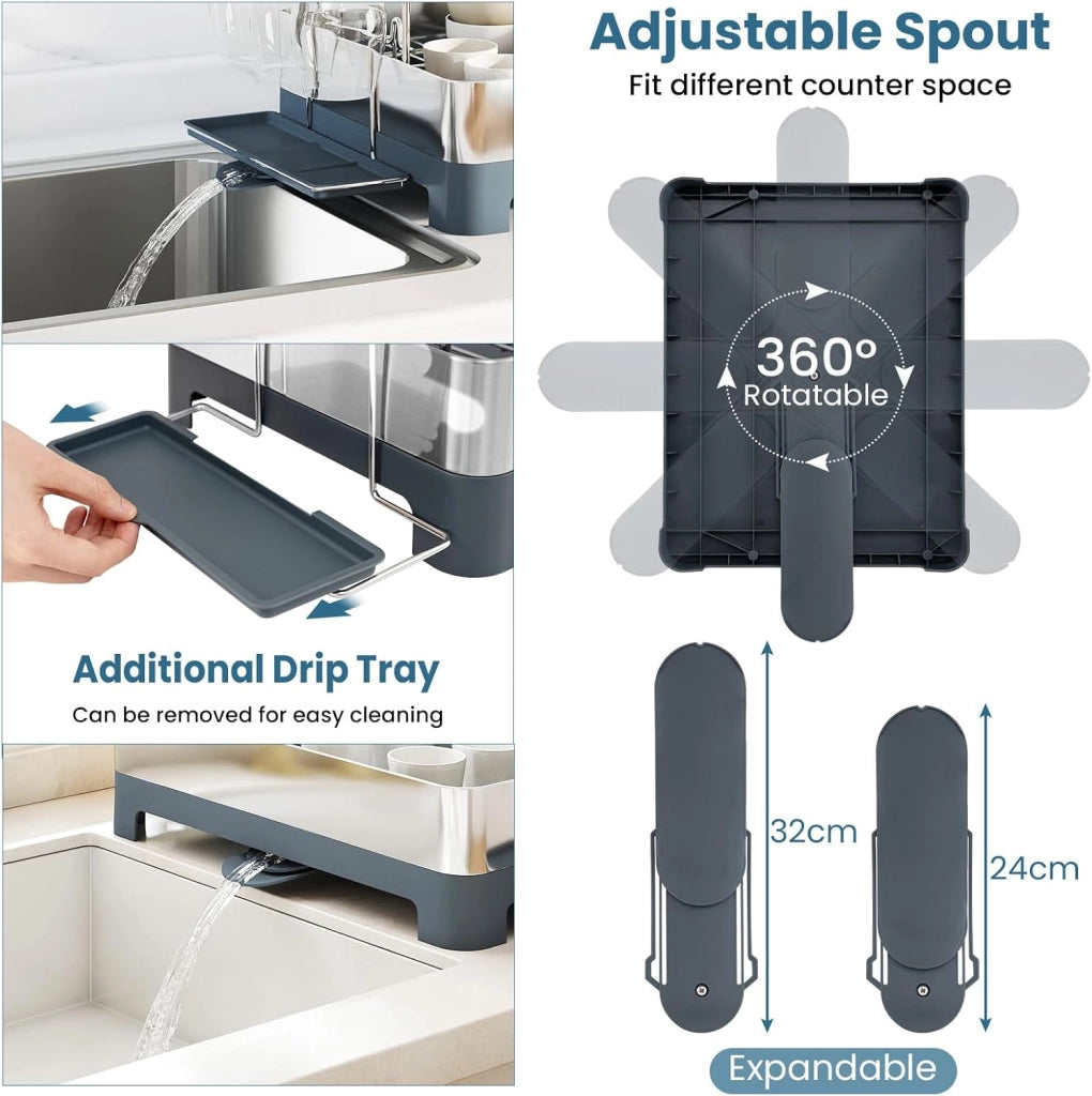 Scolapiatti in acciaio inox, scaffale organizzatore da cucina a 2 livelli con vassoio di scarico porta posate e secchio per posate, deposito cucina, 57 x 32 x 39,5 cm
