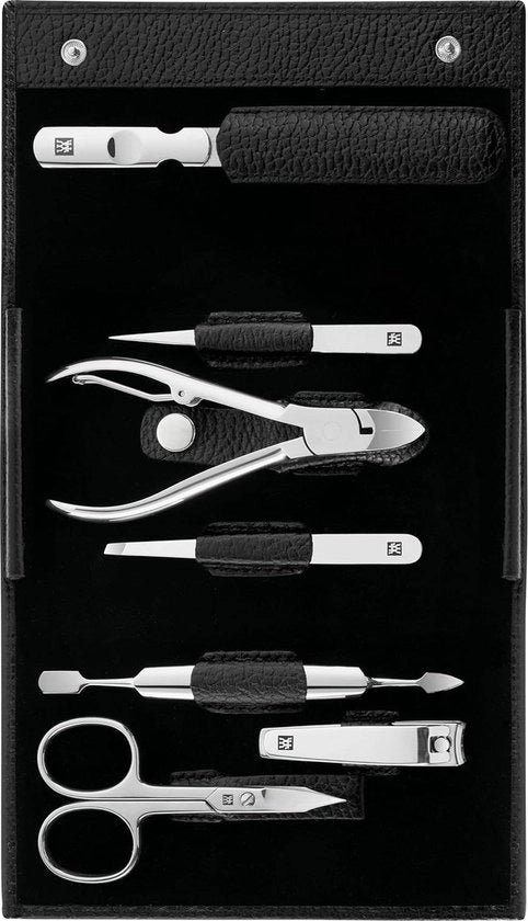 Set di Manicure Classico Acciaio Inossidabile Set a 7 pezzi con Borsa di Pelle Nero - Qualità Professionale