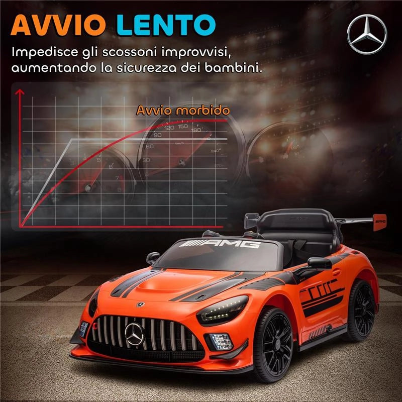 AUTO ELETTRICA BAMBINI 3-8 ANNI MERCEDES-AMG 12V CON TELECOMANDO, LUCI LED, ROTELLE DI TRASPORTO, ARANCIONE