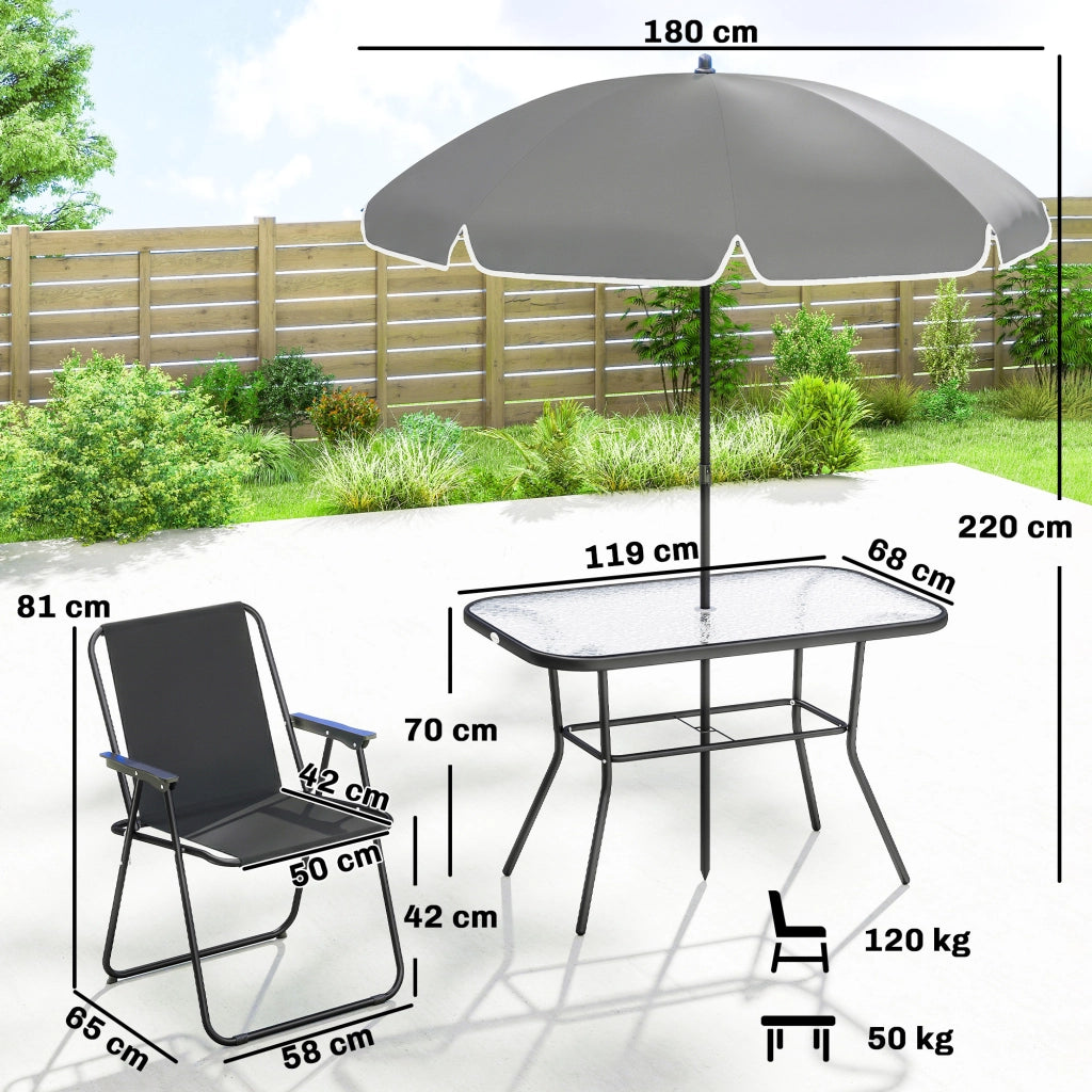 Set da Giardino 8 pz con Ombrellone, 6 Sedie Pieghevoli e Tavolo da Esterno in Vetro Temperato, Nero