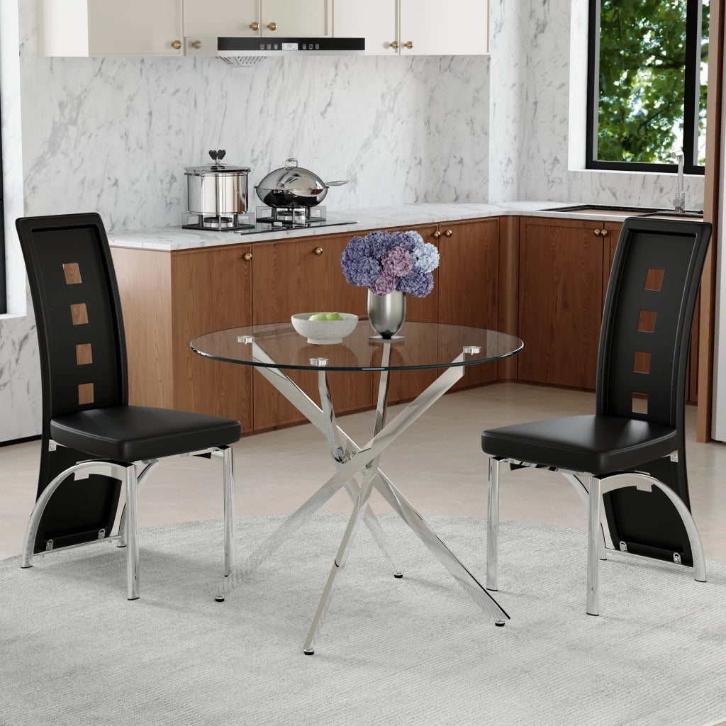 Set tavolo cucina e sedie con 1 tavolo rotondo e 2 sedie; vetro temperato; metallo argentato e PU nero