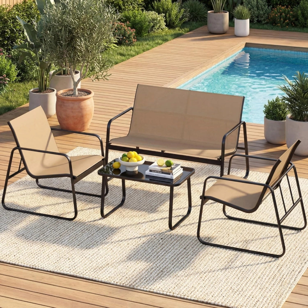 Set di Conversazione per Patio, Set di Mobili 4 Pezzi con Tavolino in Vetro Temperato, Ampio Divano a Due Posti, 2 Sedie Accoglienti, Tessuto Traspirante, per Giardino, Bordo Piscina