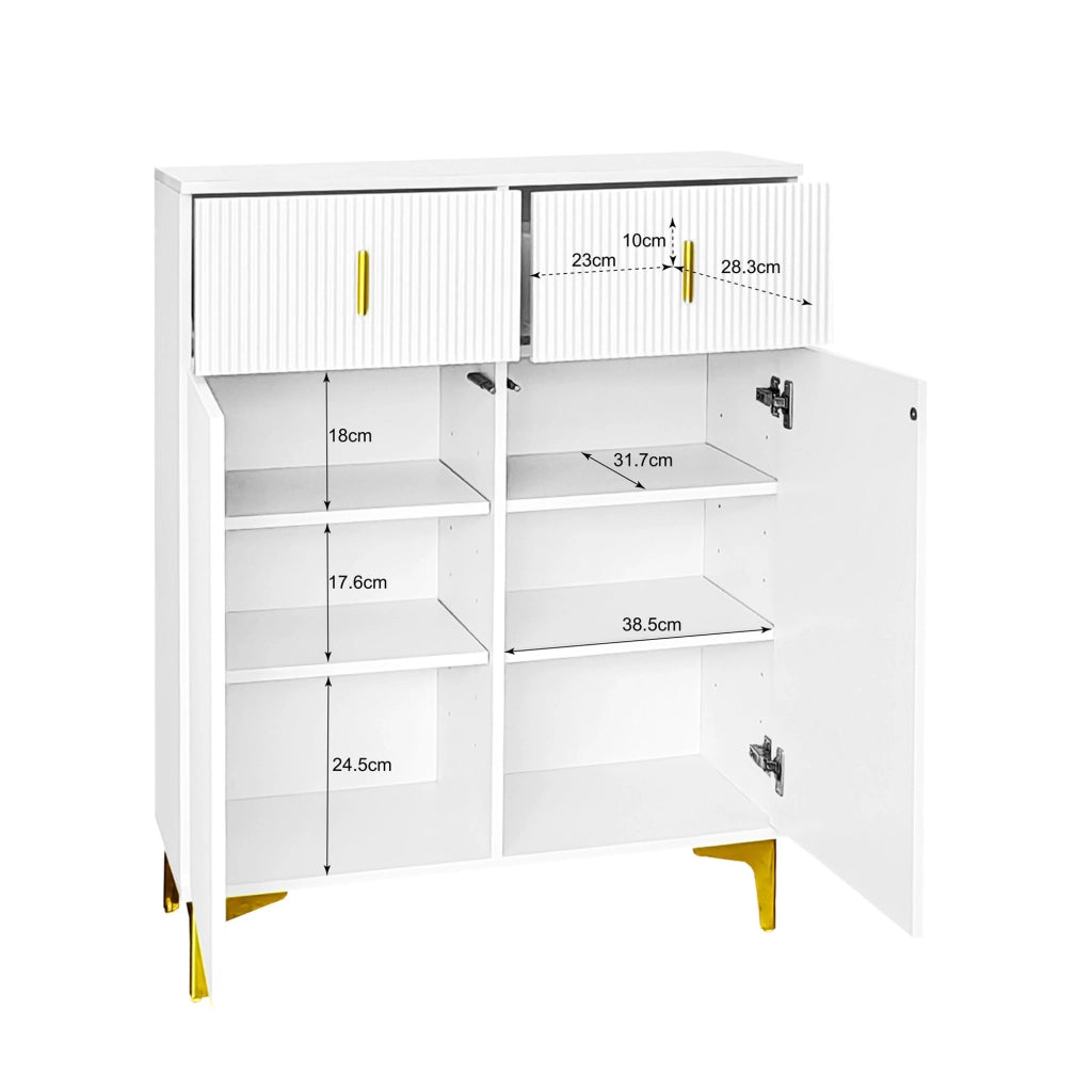 Credenza con 2 cassetti e 2 ante, ripiani regolabili e chiusura ammortizzata, bianca, 83 × 35 × 101 cm