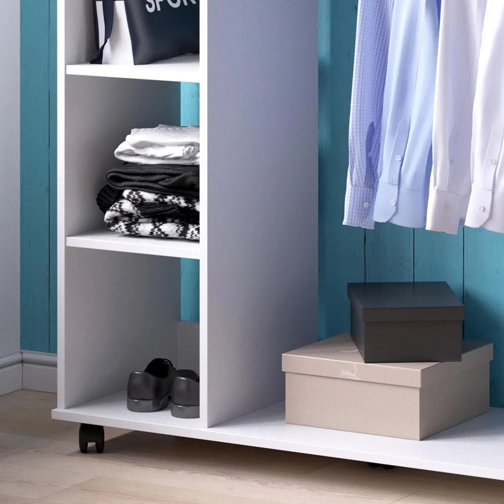 Armadio da ingresso Cosmo, Bianco, 110 x 129.4 cm, con ripiani aperti e ruote per un utilizzo flessibile