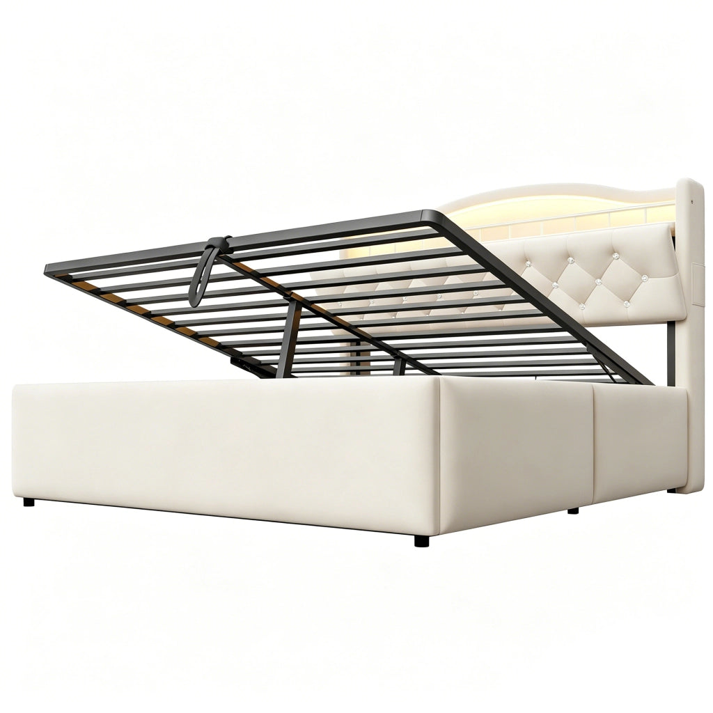 Letto imbottito beige 140x200 cm con contenitore idraulico; LED; USB e USB-C