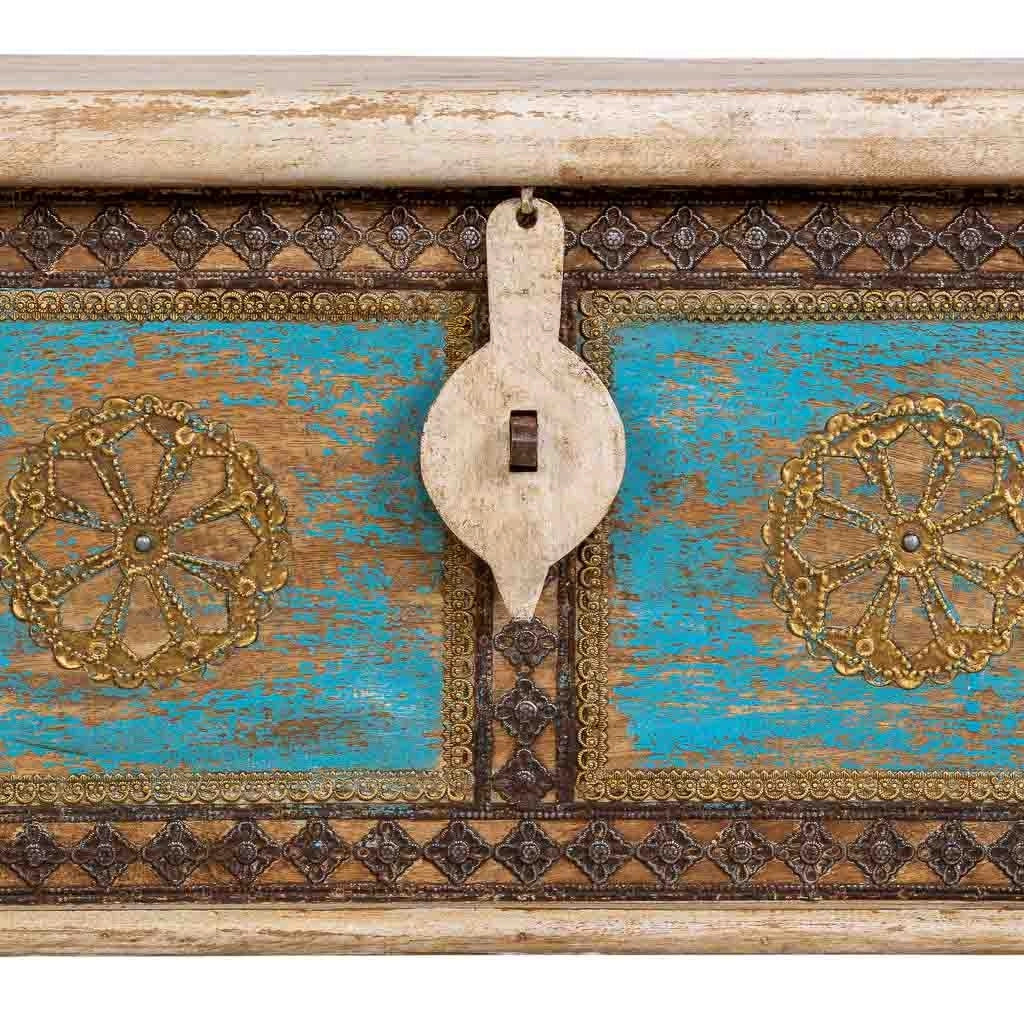 Baule in legno fatto a mano, bianco e blu, 150x45x46h cm