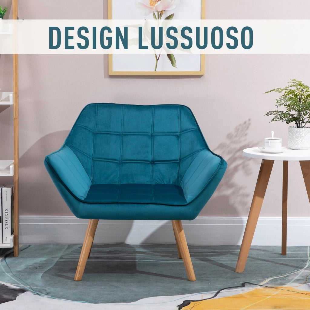 EasyComfort Poltroncina da Camera Design Scandinavo, Poltrona in Velluto e Legno, Color Petrolio, per Soggiorno o Ufficio, 67x61.5x71cm