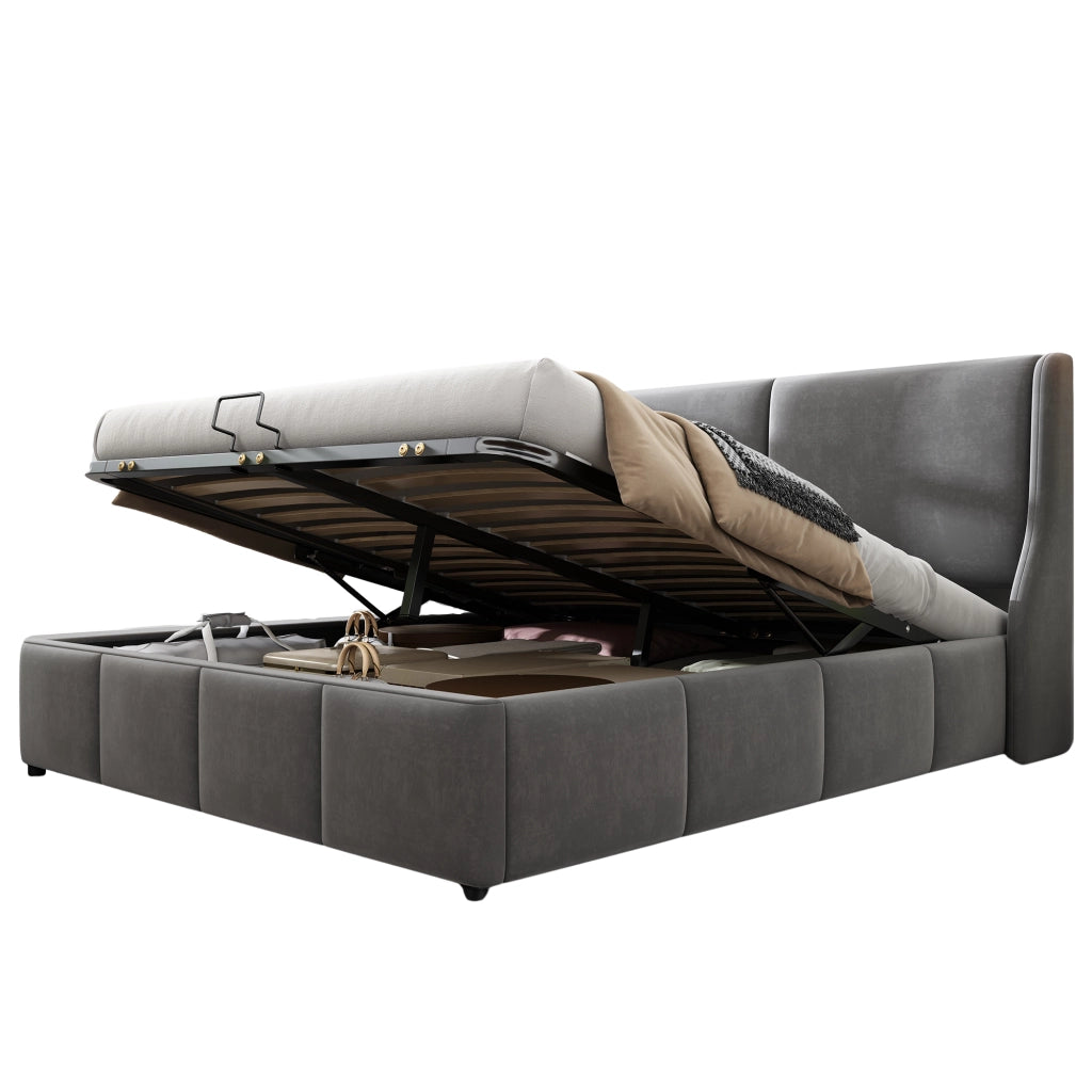 OKWISH Letto Contenitore 180×200 cm, Letto Matrimoniale con Rete, Testiera a Orecchie e Sollevamento Idraulico, senza Materasso, in Velluto, Grigio