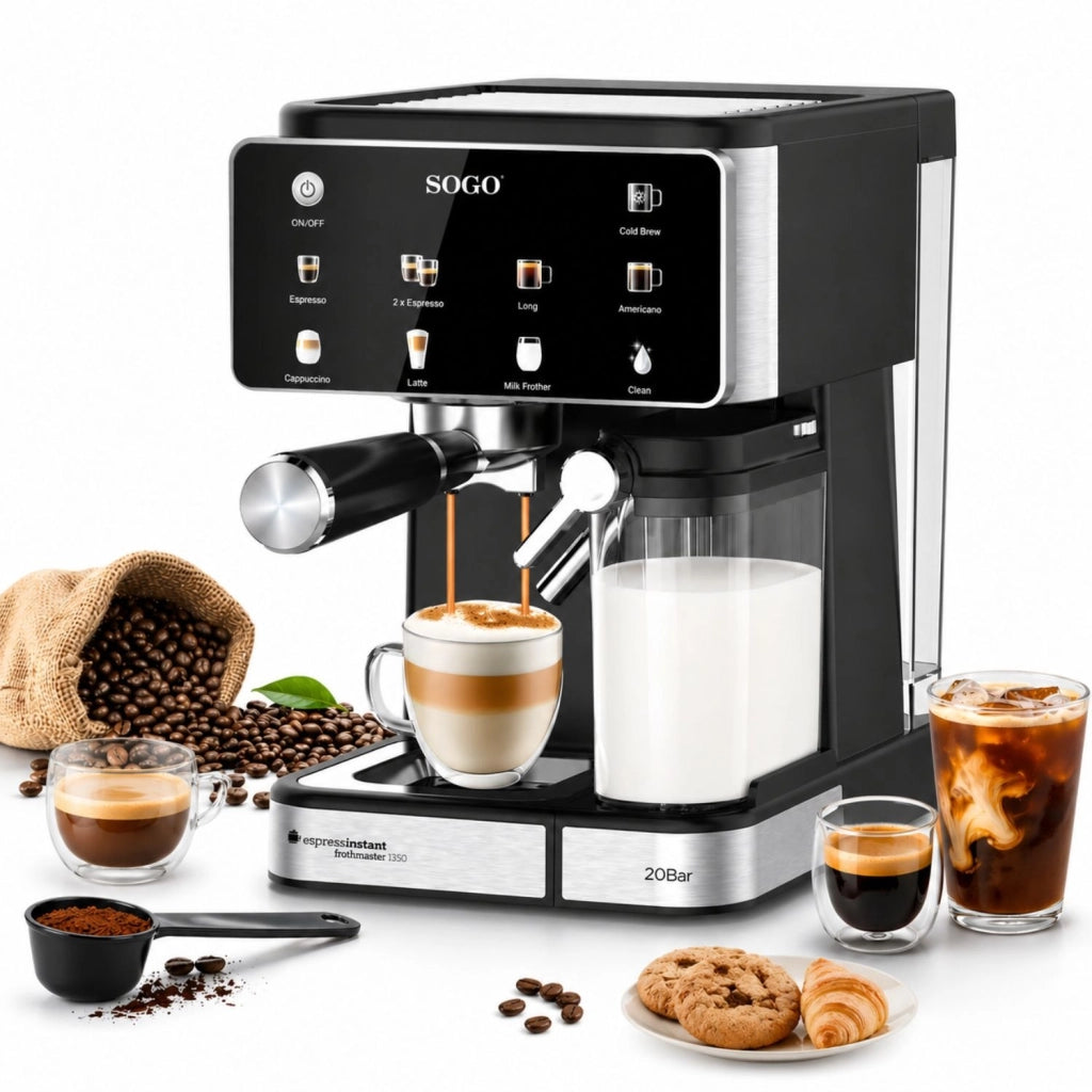 Macchina caffè espresso 4 in 1 20 bar con cappuccinatore, serbatoio 1,5L e pannello touch per capsule e macinato - Sogo