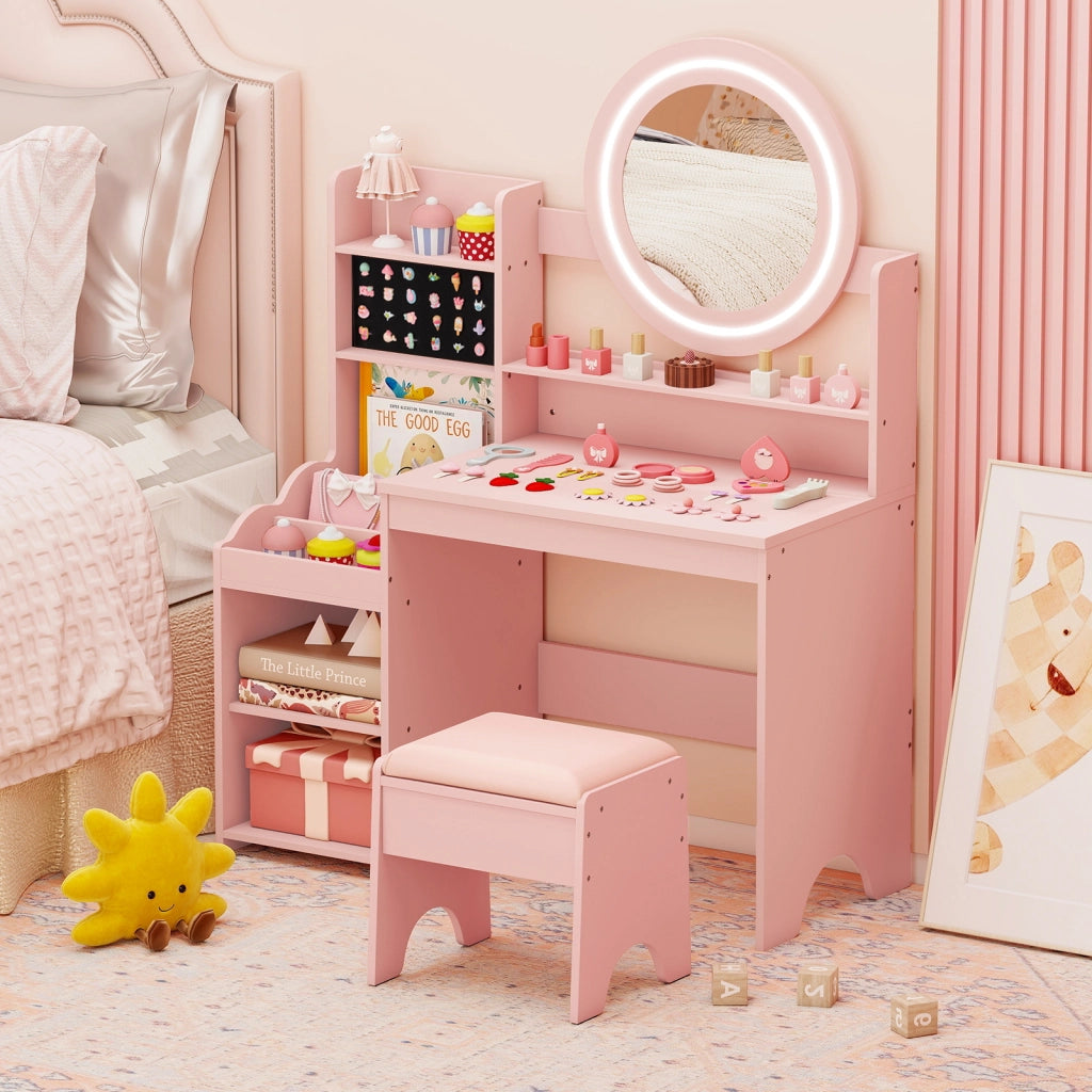 Scrivania bambini specchio luci tavolo trucco principessa scaffale aperta, Tavolo anelli spazi sgabello imbottito finzione giochi bambini Rosa