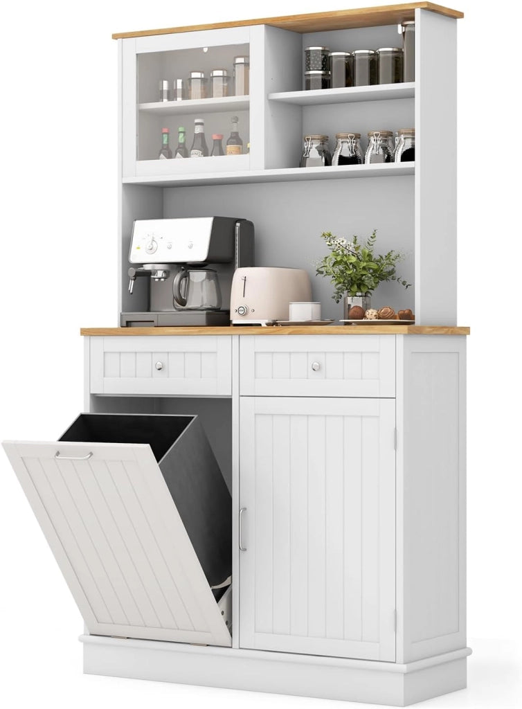 Credenza da Cucina con 3 Ante, 2 Cassetti e Pattumiera 38 L, Piano di Lavoro in Legno, 3 Ripiani Regolabili e 4 Armadi, 100 x 34 x 172 cm, Ideale per Cucina e Soggiorno (Bianco)