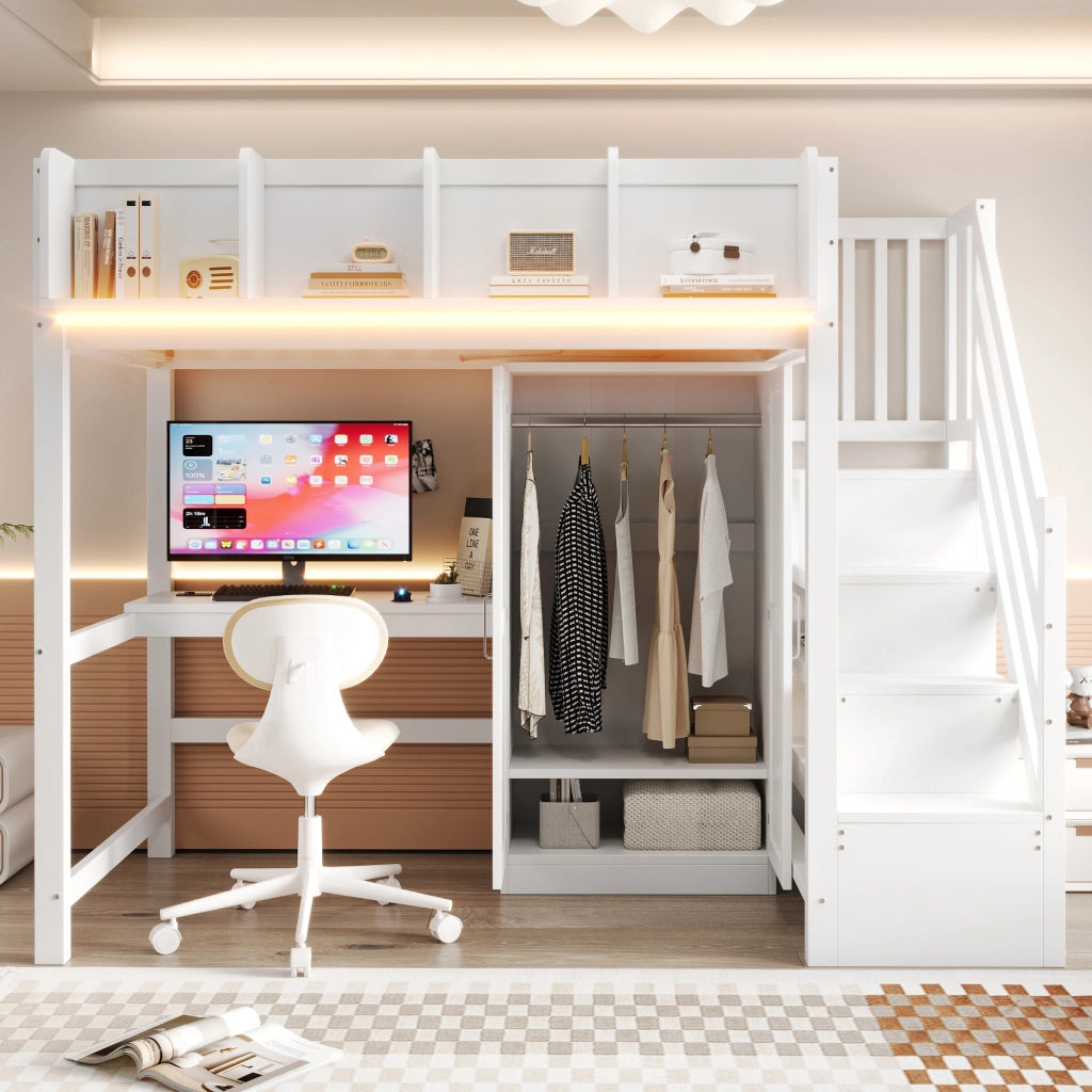 LETTO a soppalco 90x200 cm Bianco in legno con scrivania, armadio, LED e prese