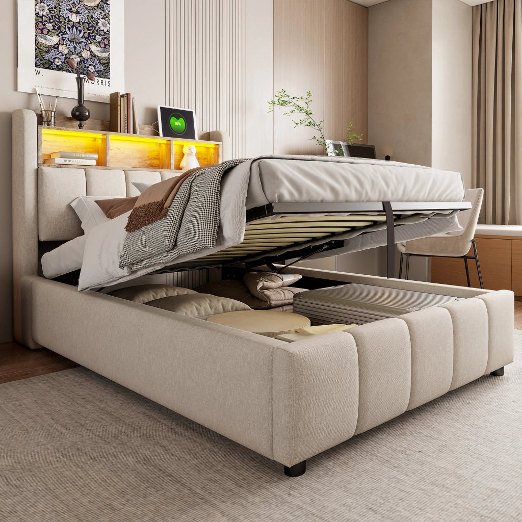 Letto imbottito 90x200 cm in tessuto effetto lino con LED, USB-C e vano contenitore idraulico, beige