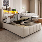 Letto imbottito 90x200 cm in tessuto effetto lino con LED, USB-C e vano contenitore idraulico, beige