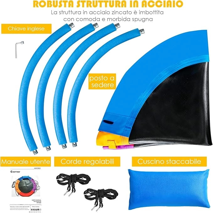 Altalena a Nido per Bambini, Altalena Rotonda con Corde Regolabili in Altezza, Cuscino e Maniglia, Ideale per Cortile e Giardino, Capacità di Carico 150 kg