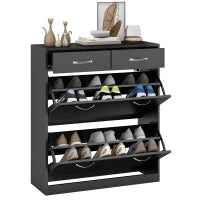Mobile Scarpiera da 12 Paia con 2 Ripiani Interni Regolabili e 2 Cassetti, in Legno, 80x30x91.5 cm, Nero