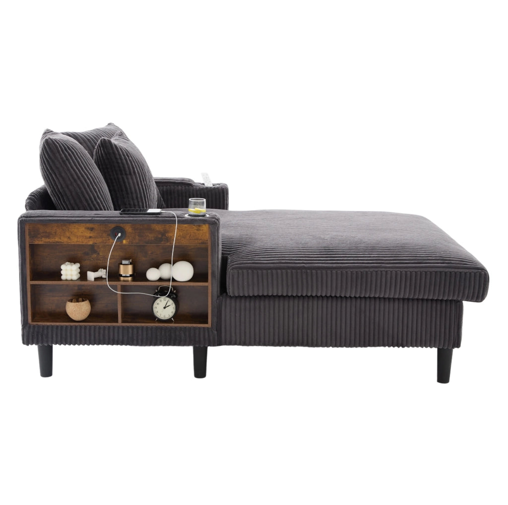 Chaise longue in velluto a coste grigio scuro con LED e USB
