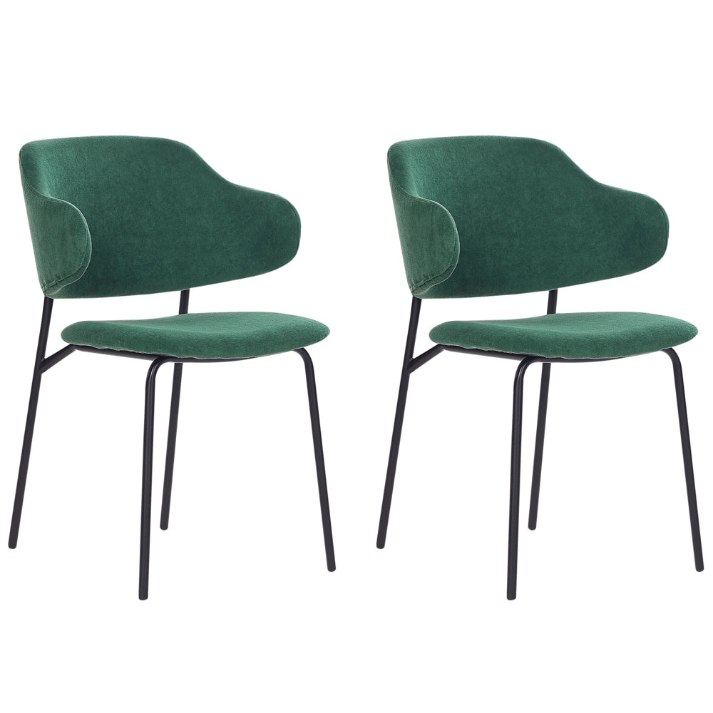 Set di 2 sedie da pranzo con sedile imbottito in tessuto verde senza braccioli schienale curvo stile moderno