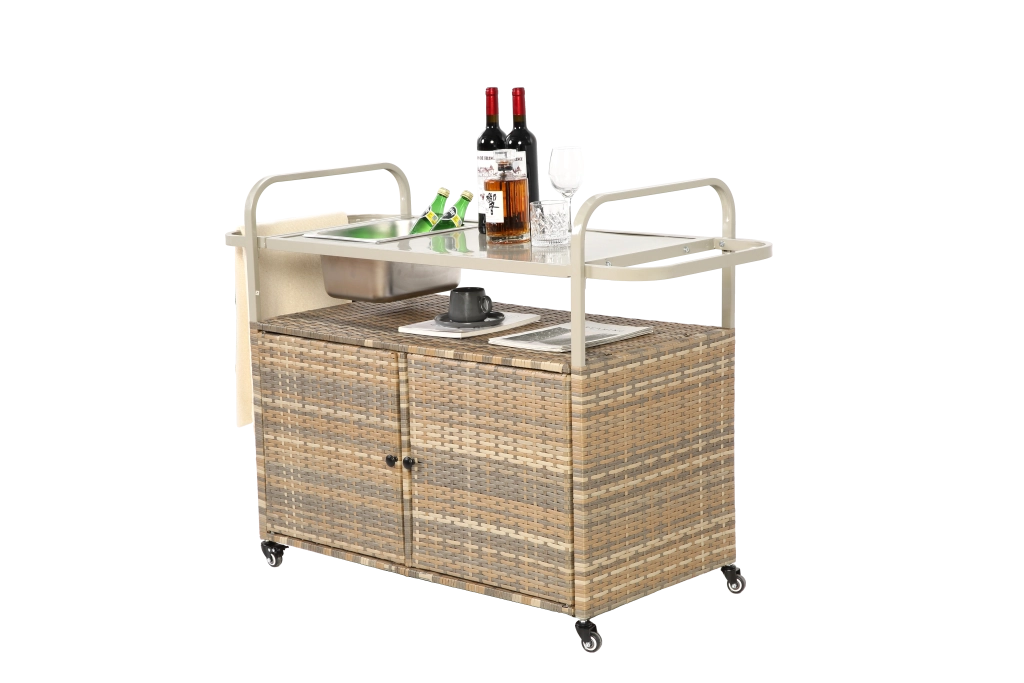 Tavolo da bar esterno; carrello da bar in vimini con armadio; carrello da cortile con piano in acciaio; con un secchio del ghiaccio; ruote chiudibili; cesto laterale per giardino; a bordo piscina e giardino; beige