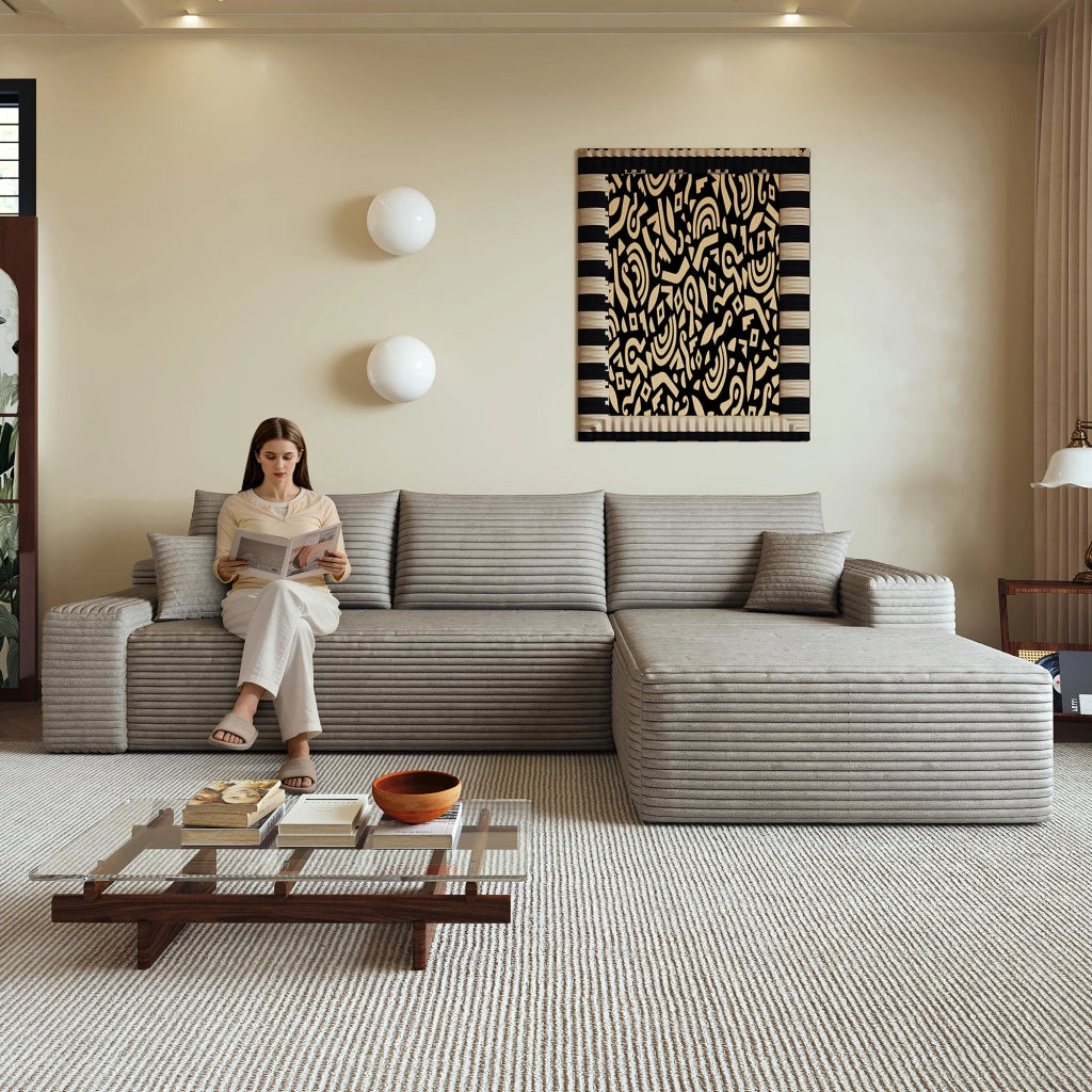 Divano angolare modulare con chaise longue e schiuma elastica in velluto a coste rigato camel