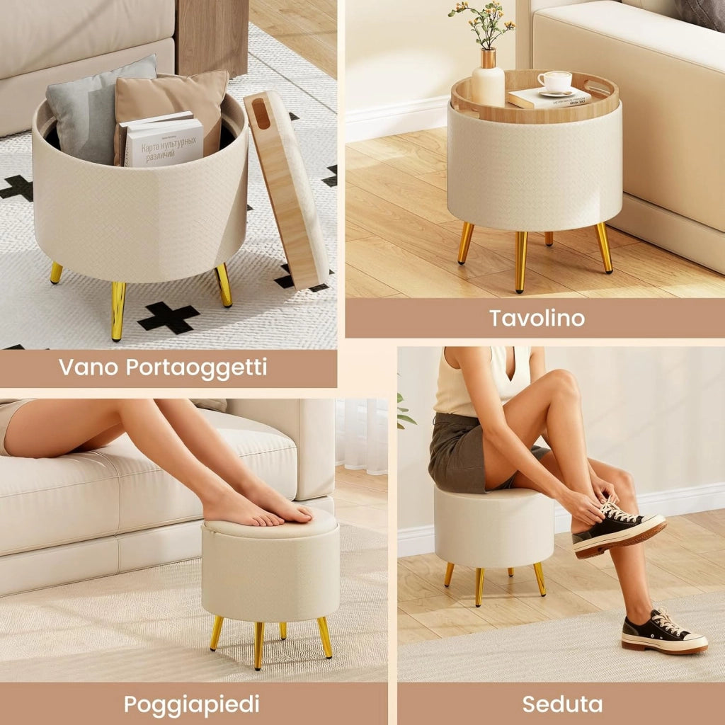 Set di 2 Pouf Contenitori Rotondi 23L + 6L, Ottomano con Vano Portaoggetti e Coperchio Rimovibile, Sgabelli da Trucco Imbottito con Gambe in Metallo, per Ingresso e Salotto