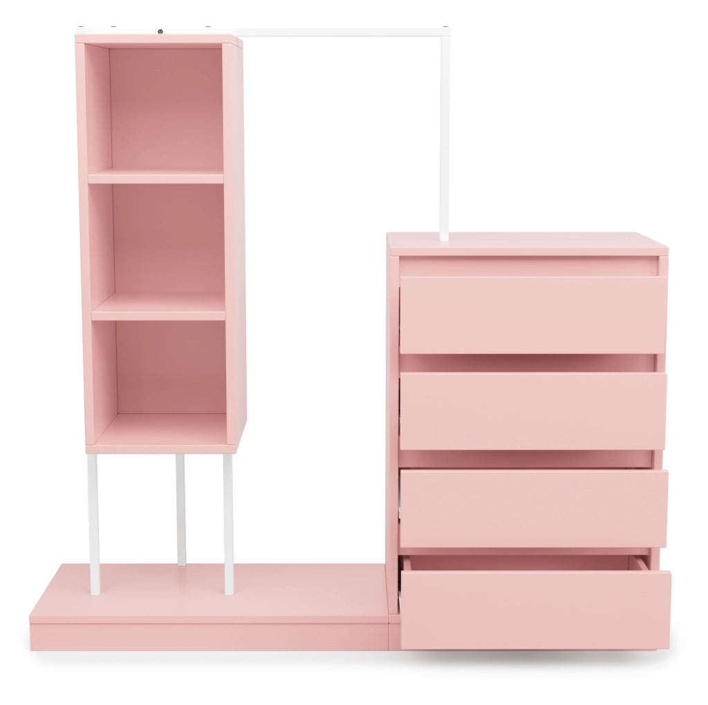 Mobile guardaroba 100x40x135 cm con quattro cassetti e barra appendiabiti in truciolare e metallo rosa e bianco