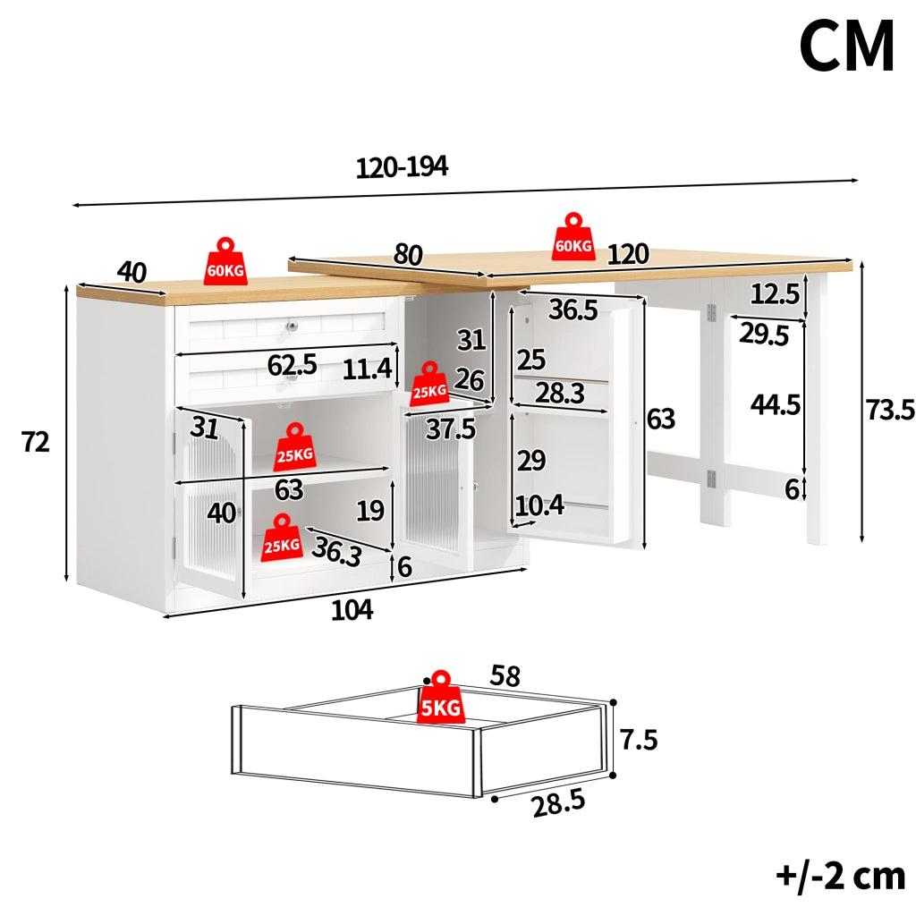 TAVOLO ISOLA CUCINA ESTENSIBILE 120-194 cm Bianco MDF Metallo