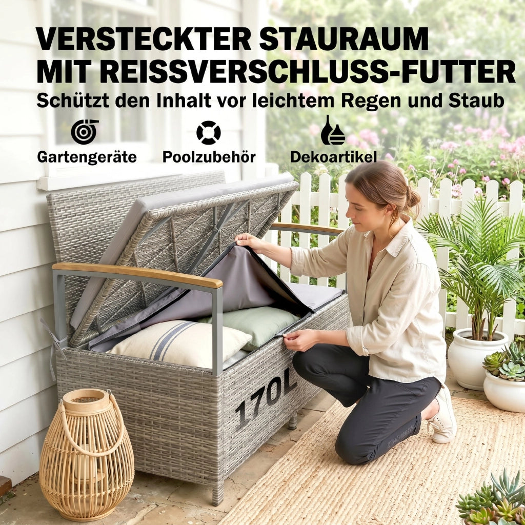 Panchina Giardino Polyrattan 2 Posti con Cuscini e Braccioli Legno ¨C Zephmum ¨C 170L