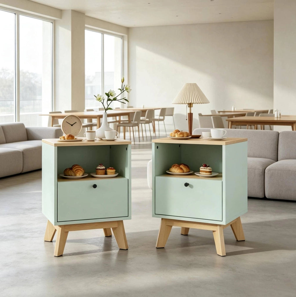 Set di 2 comodini verde chiaro in MDF con cassetto e vano aperto