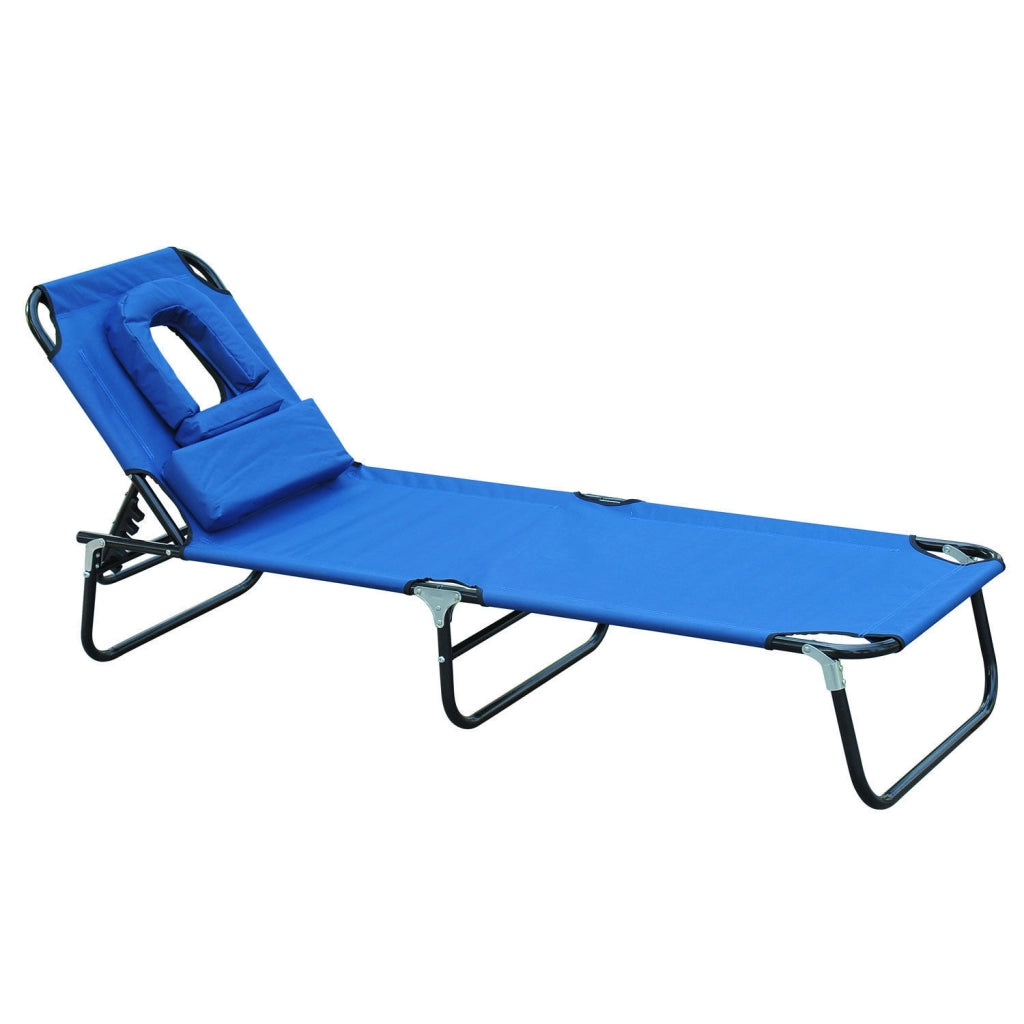 Lettino prendisole reclinabile a tre gambe con finestra di lettura e apertura per il viso blu