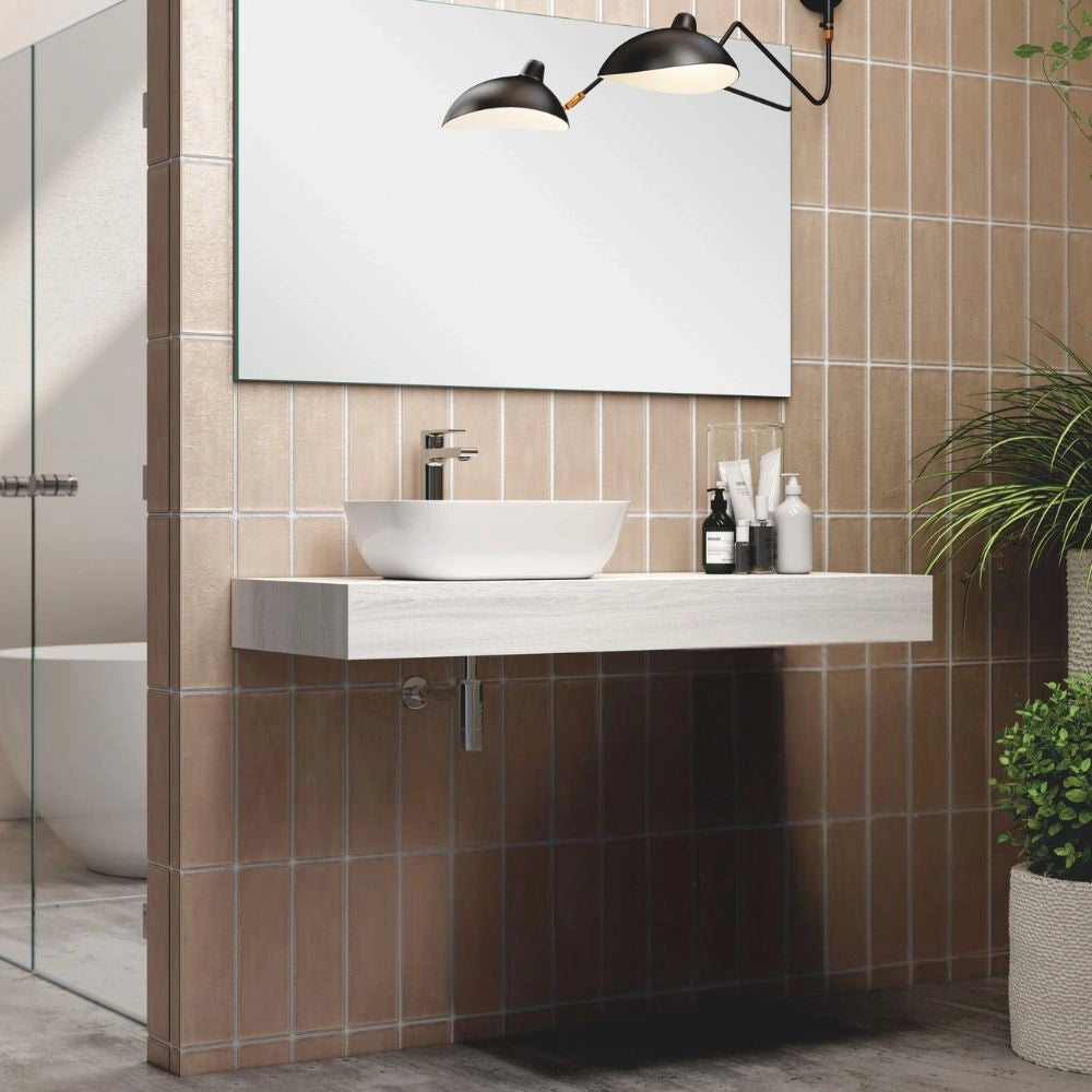Mensola bagno rovere grigio ghiaccio per lavabo d'appoggio Ely 120x45: eleganza e funzionalità per il tuo bagno