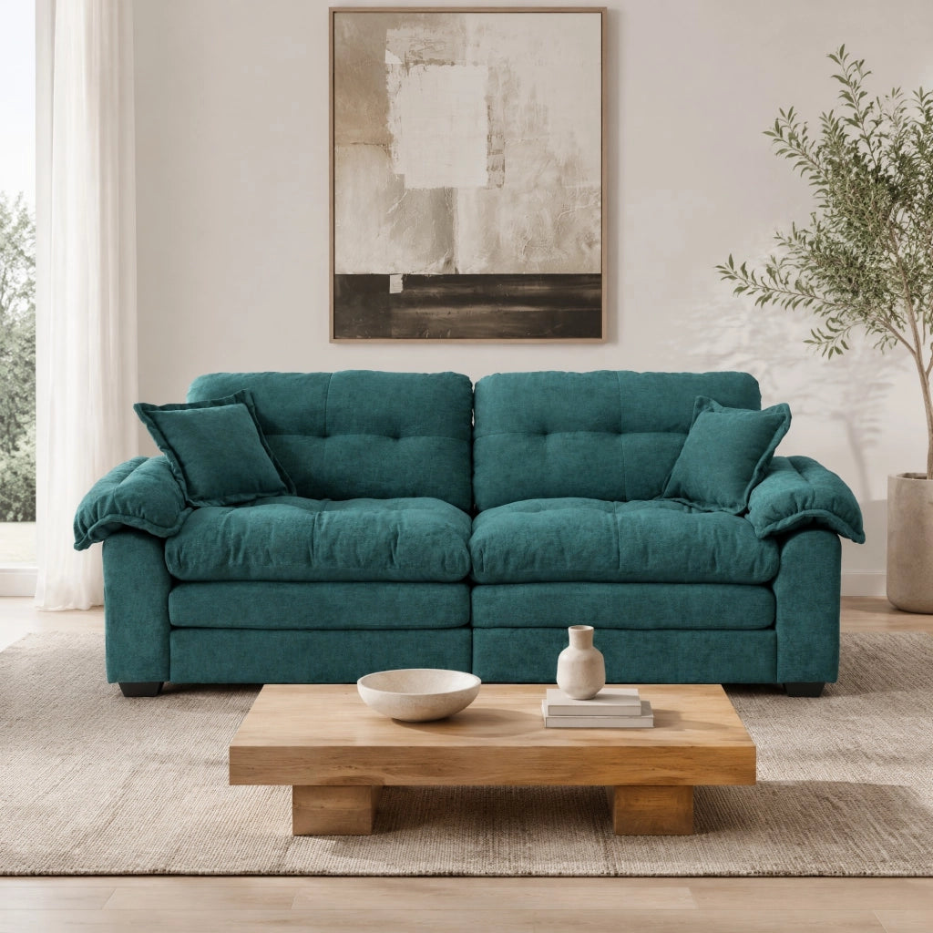 Divano 2 posti 214x89x93 cm in tessuto verde, con 2 cuscini, per piccoli salotti –