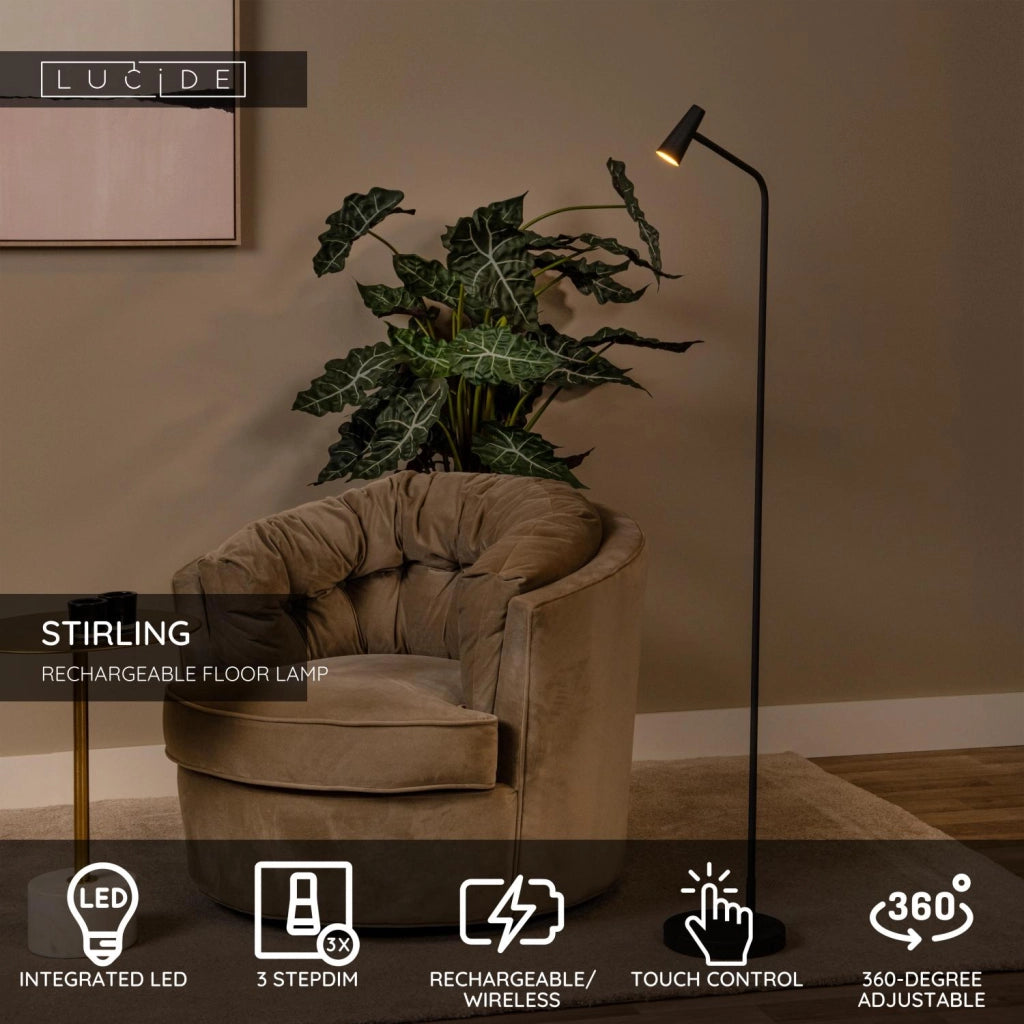 Lampada da terra nera LED 3W senza fili STIRLING Lucide